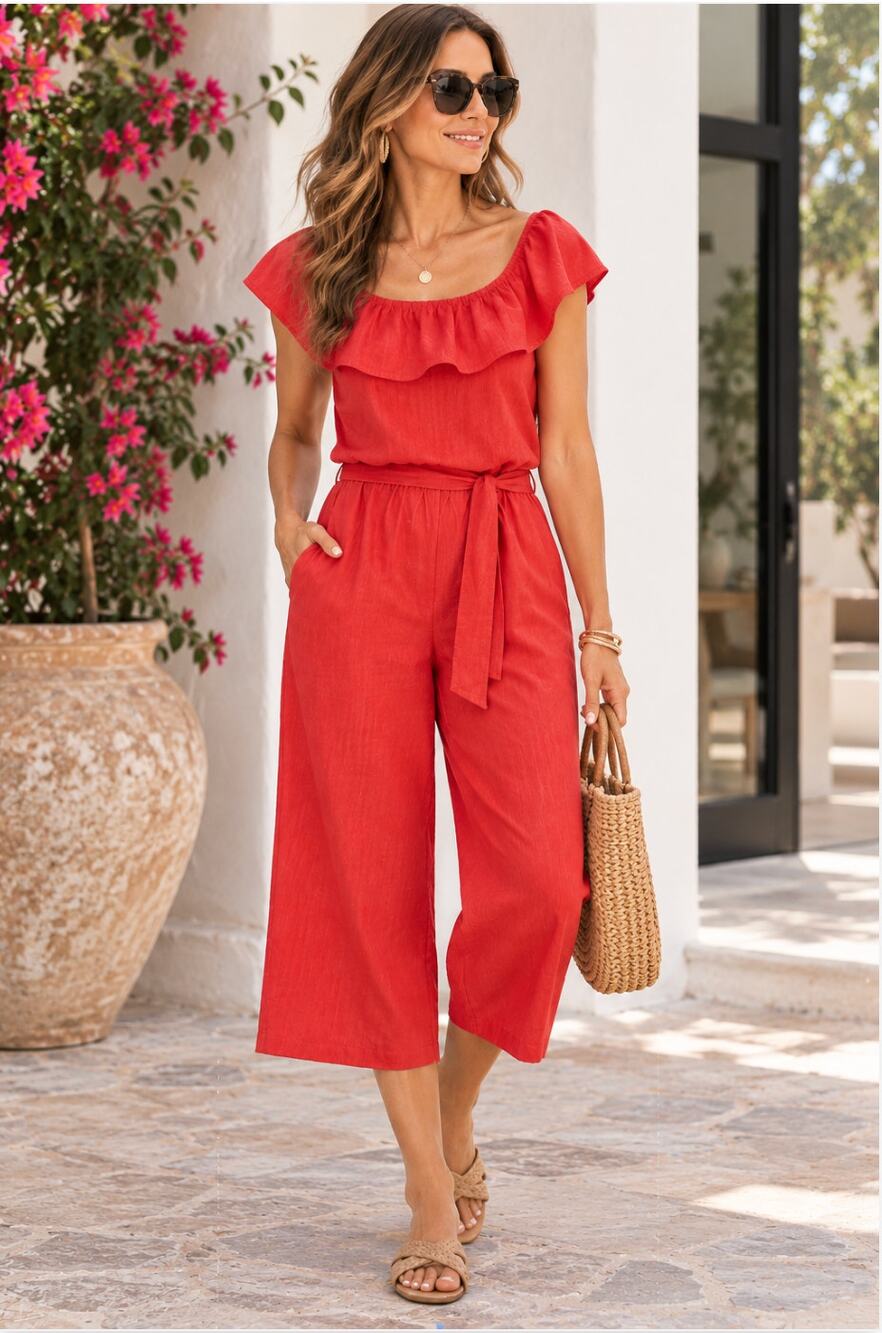 Tommy Bahama Linen Blend Jumpsuit XS Red On/Off Shoulder Ruffle Cropped Resort